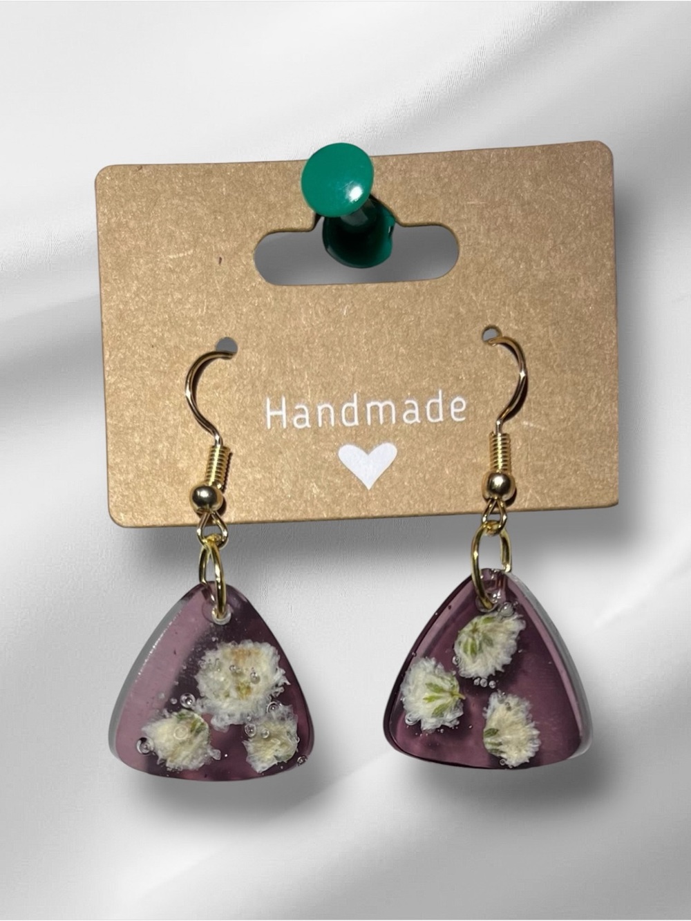 Handmade Purple Floral Resin Drop Earrings